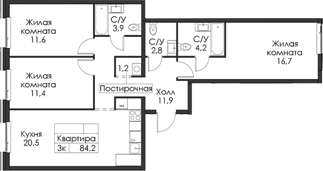 3-комнатная квартира 84.2 м², 8/12 эт., ЖК «Шкиперский 19»
